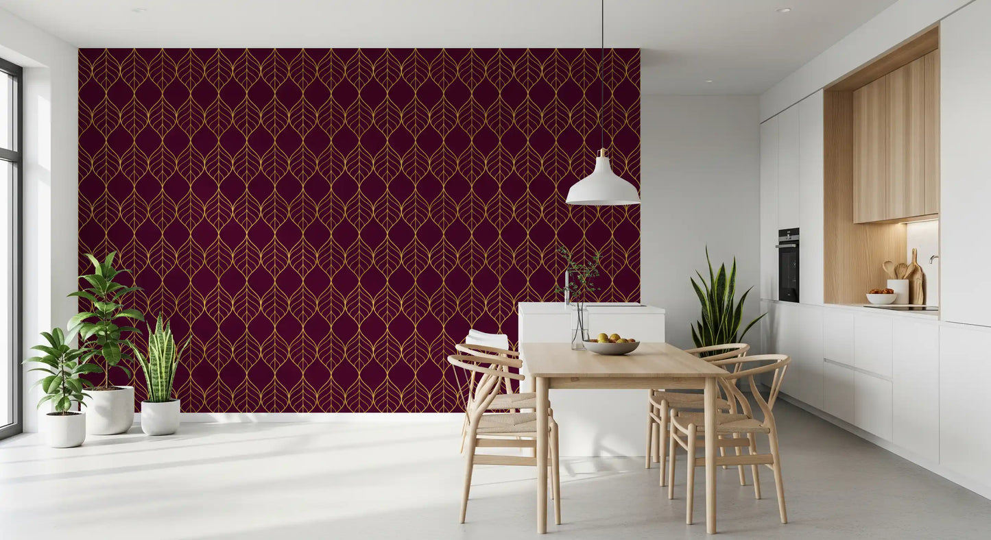 Luxury wall Elegant Burgundy and Gold Art Deco Leaf Wallpaper burgundy floral art