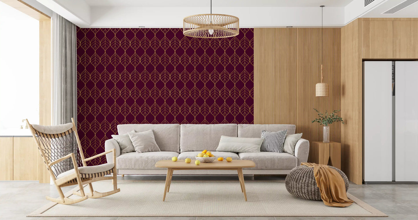 Hallway Elegant Burgundy and Gold Art Deco Leaf Wallpaper burgundy leaf design