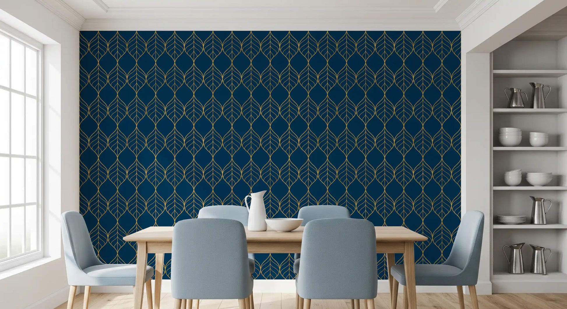 Modern interior Gilded Art Deco Leaves Navy Wallpaper navy botanical gold art