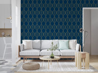 Hallway Gilded Art Deco Leaves Navy Wallpaper navy gold leaf artistic pattern