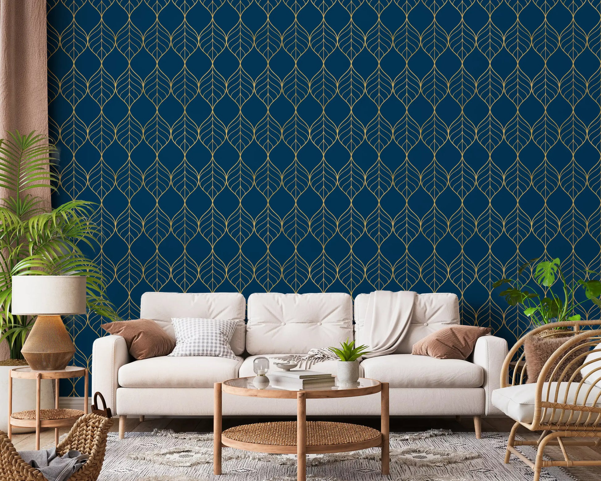 Luxury wall Gilded Art Deco Leaves Navy Wallpaper gold leaf navy creative style