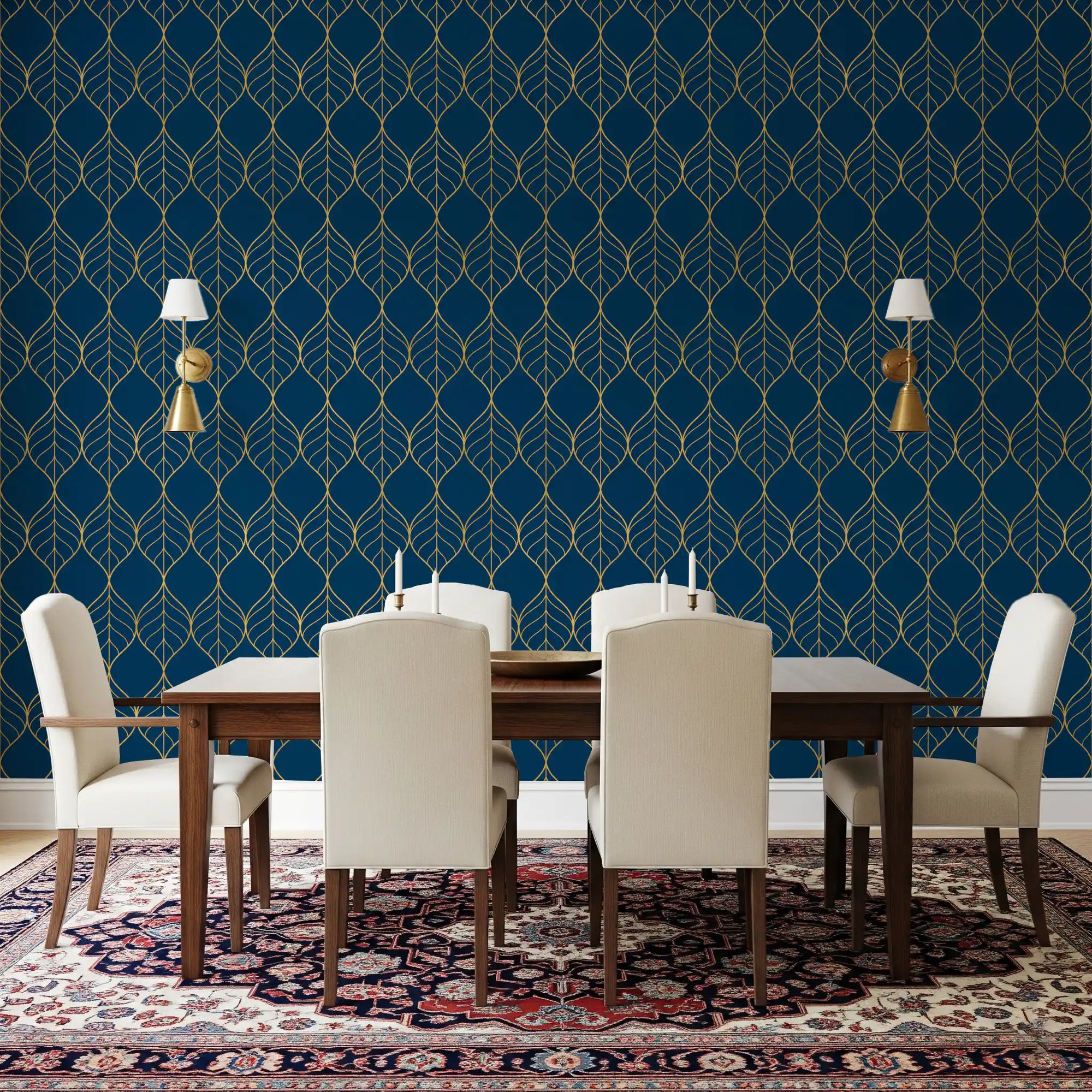 Dining room Gilded Art Deco Leaves Navy Wallpaper botanical gold dark surface style