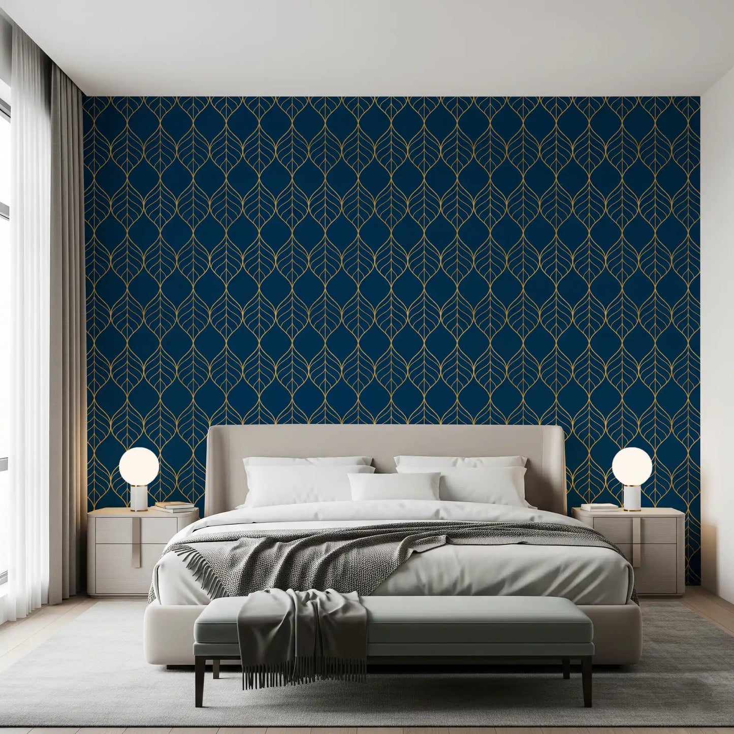 Minimal space Gilded Art Deco Leaves Navy Wallpaper clean leaf dark background