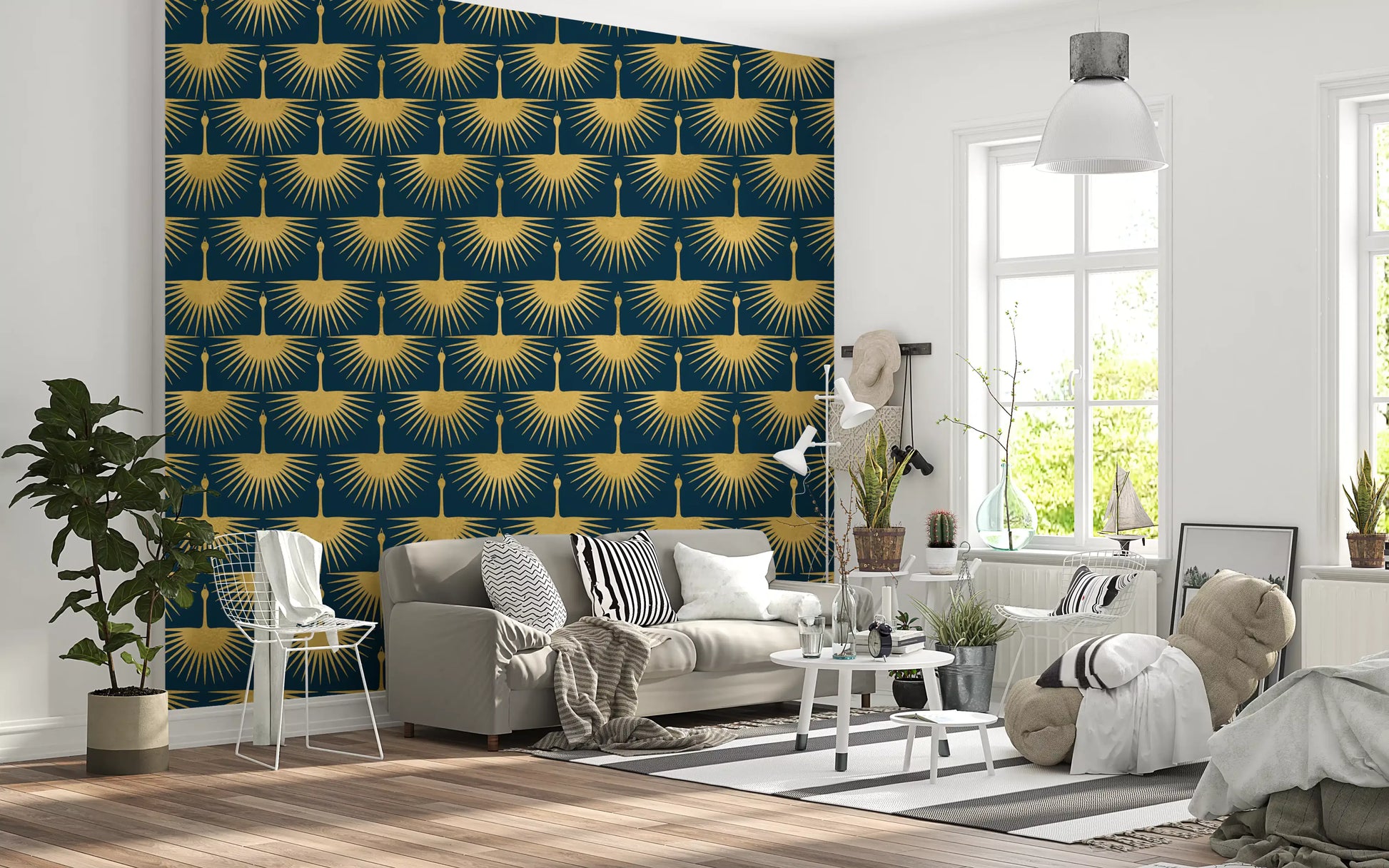 Contemporary decorative wallpaper teal Art Deco bird design