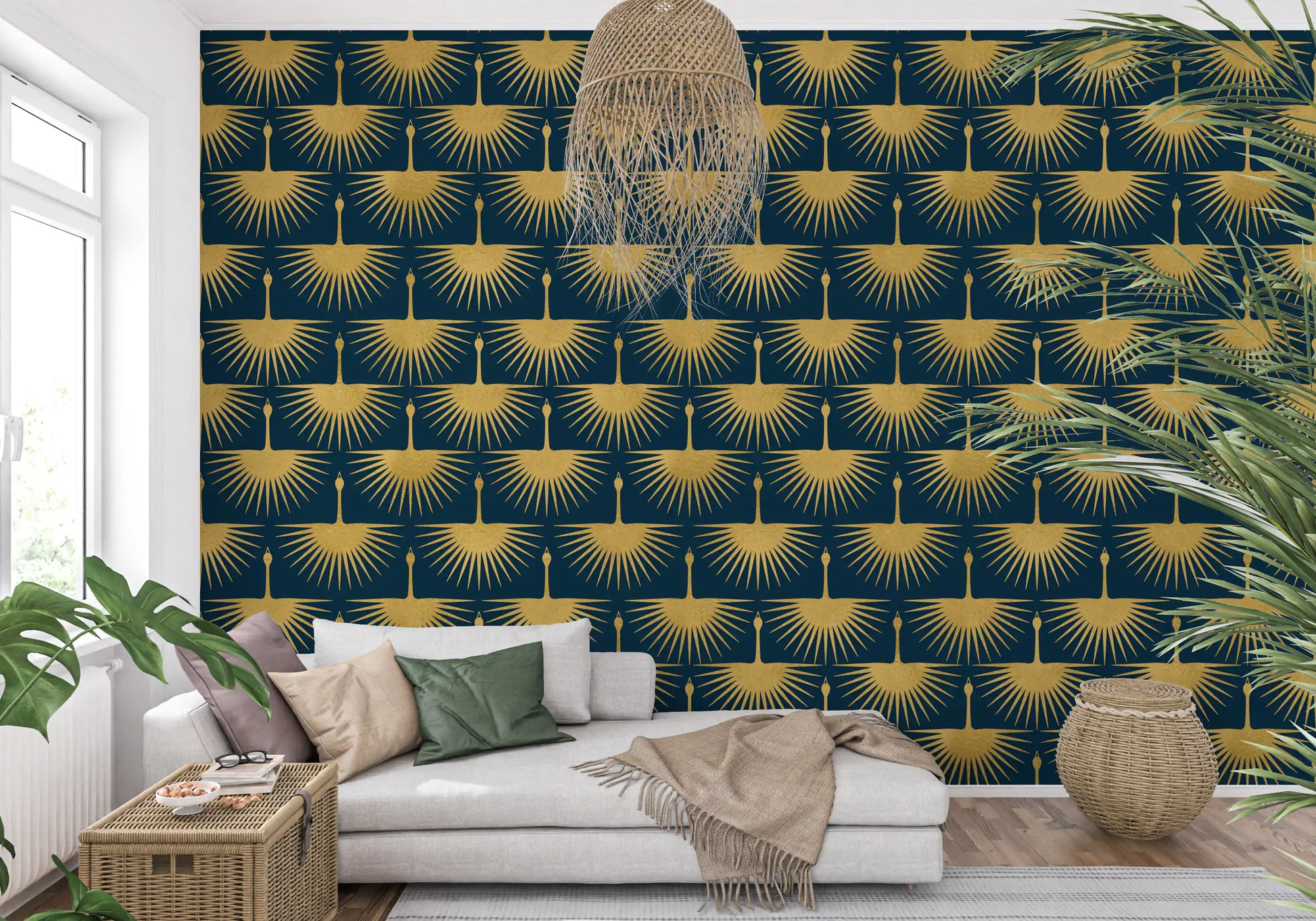 Modern Art Deco wallpaper gold crane teal surface style