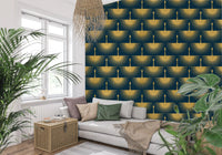 Clean structured wallpaper turquoise gold bird design