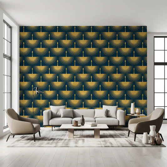 Feature wall teal gold bird Art Deco structured design for a living room.