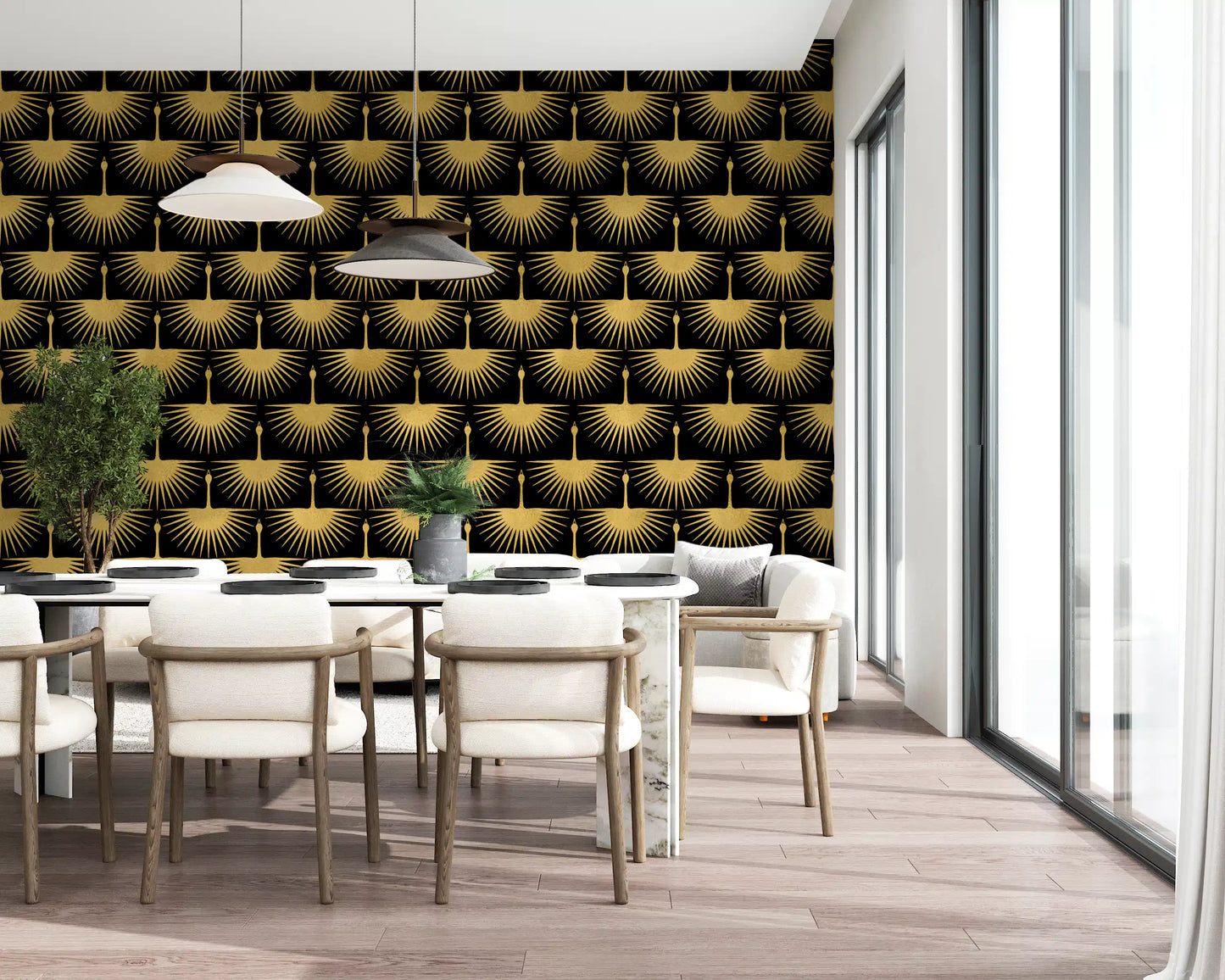 Feature wall Black Gold Crane Art Deco Wallpaper dark luxury style