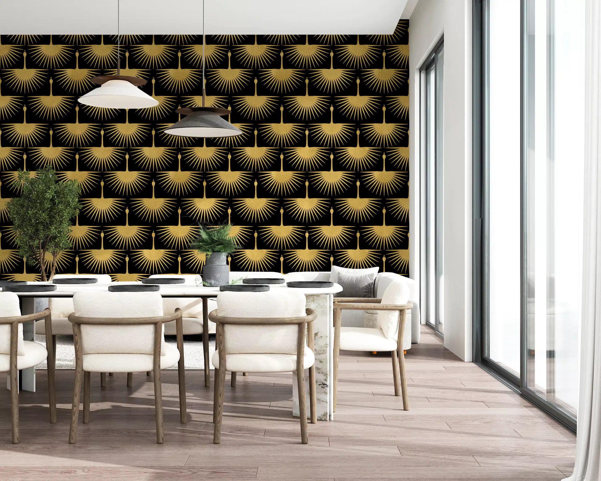 Feature wall Black Gold Crane Art Deco Wallpaper dark luxury style