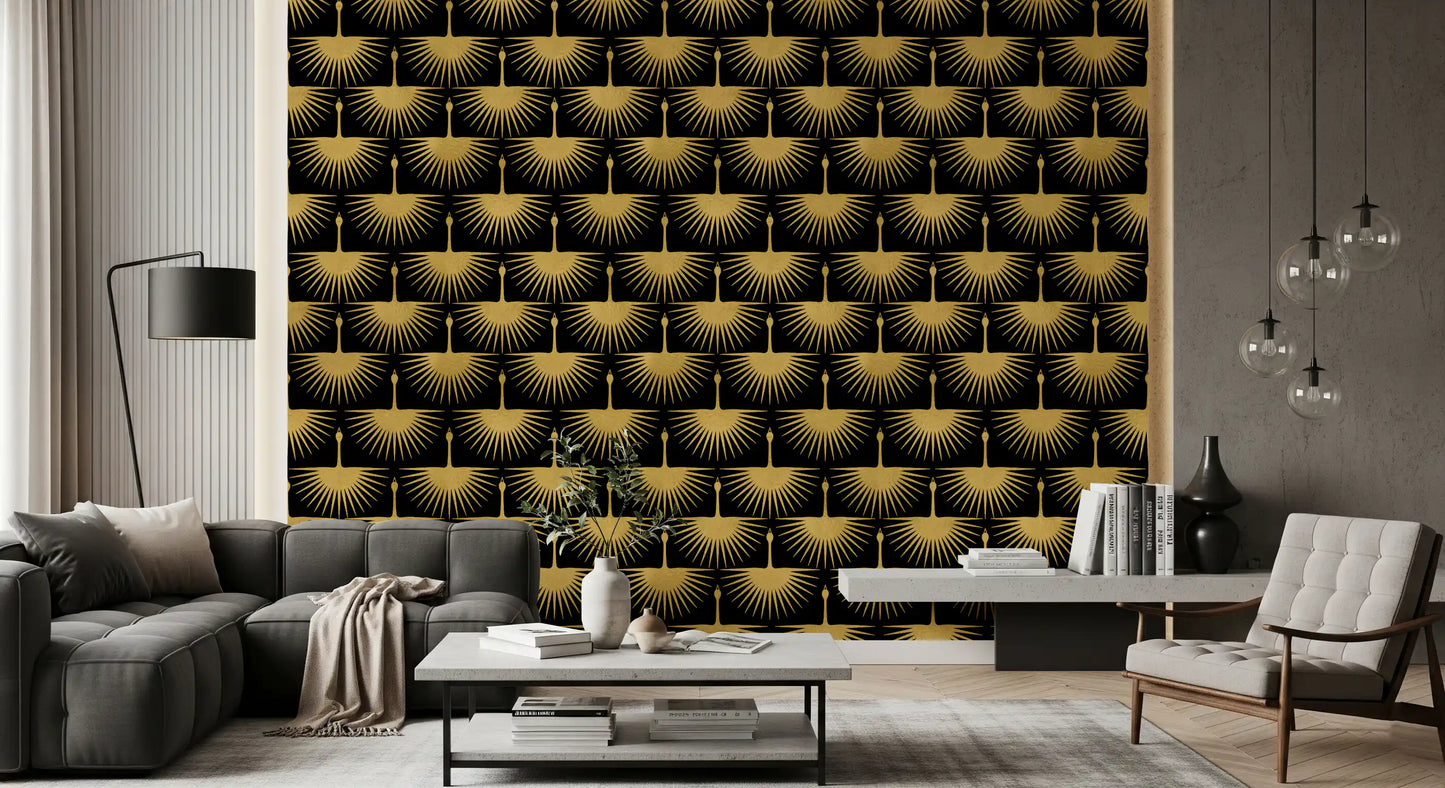 Art Deco living room style Black Gold Crane Art Deco Wallpaper bold contrast