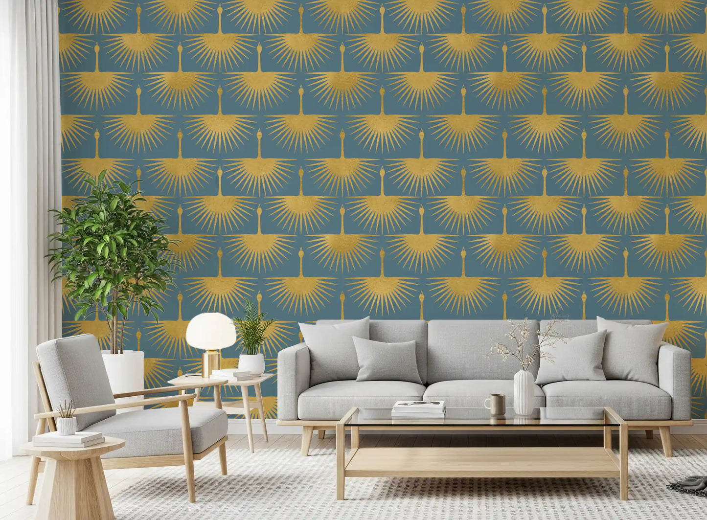Feature wall Art Deco crane soft blue gold structured pattern for a living room.