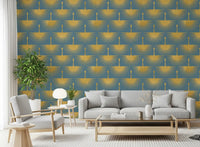 Feature wall Art Deco crane soft blue gold structured pattern for a living room.