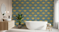 Minimal bird wallpaper duck egg blue elegant gold detail for a bathroom.
