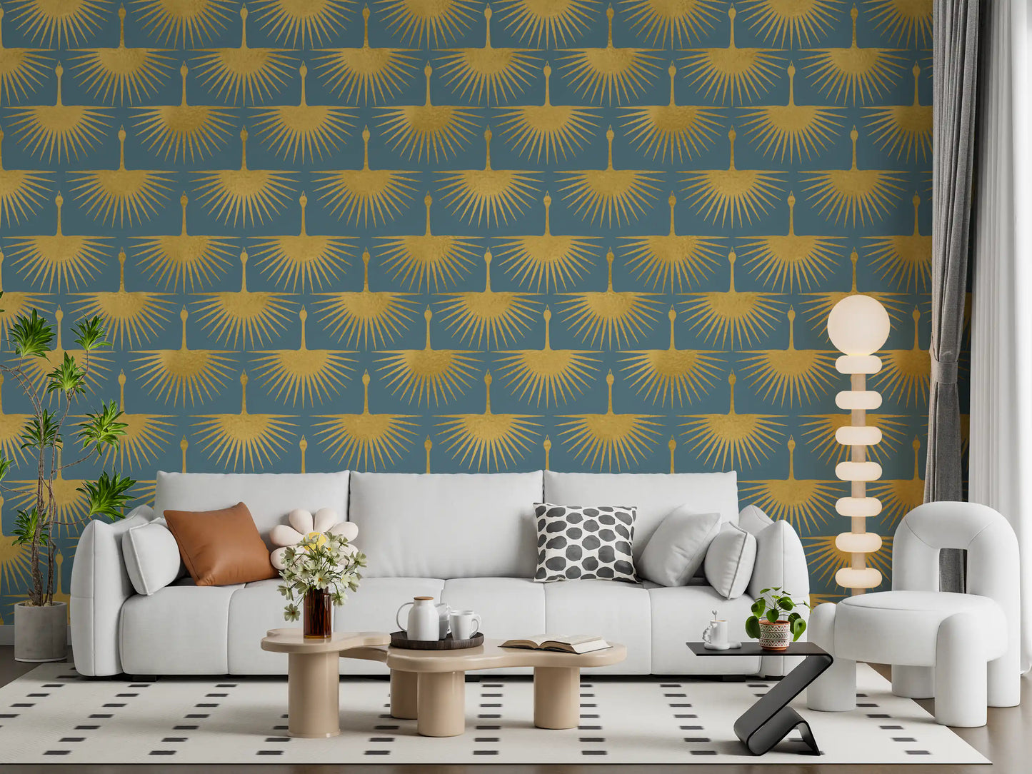 Soft gold crane wallpaper muted blue clean surface layout for a living room