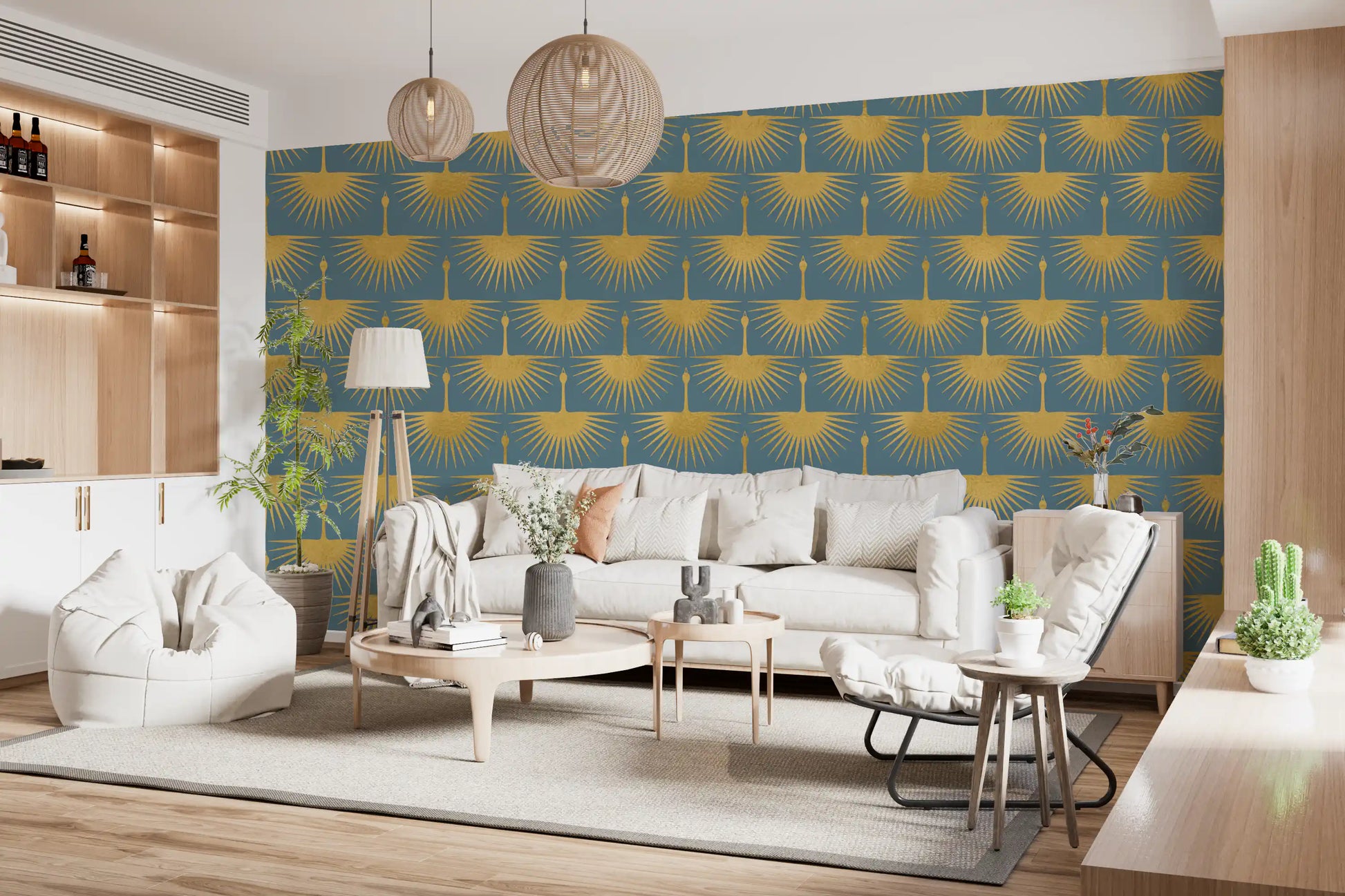 Refined wall pattern Art Deco crane soft colour palette
