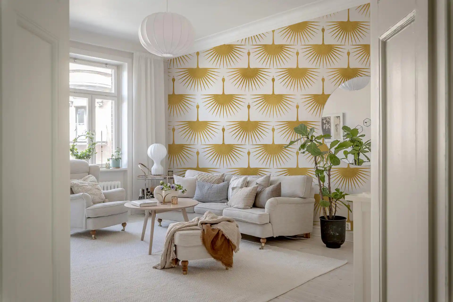 Elegant crane design Luxury Crane Sunburst Wallpaper wall