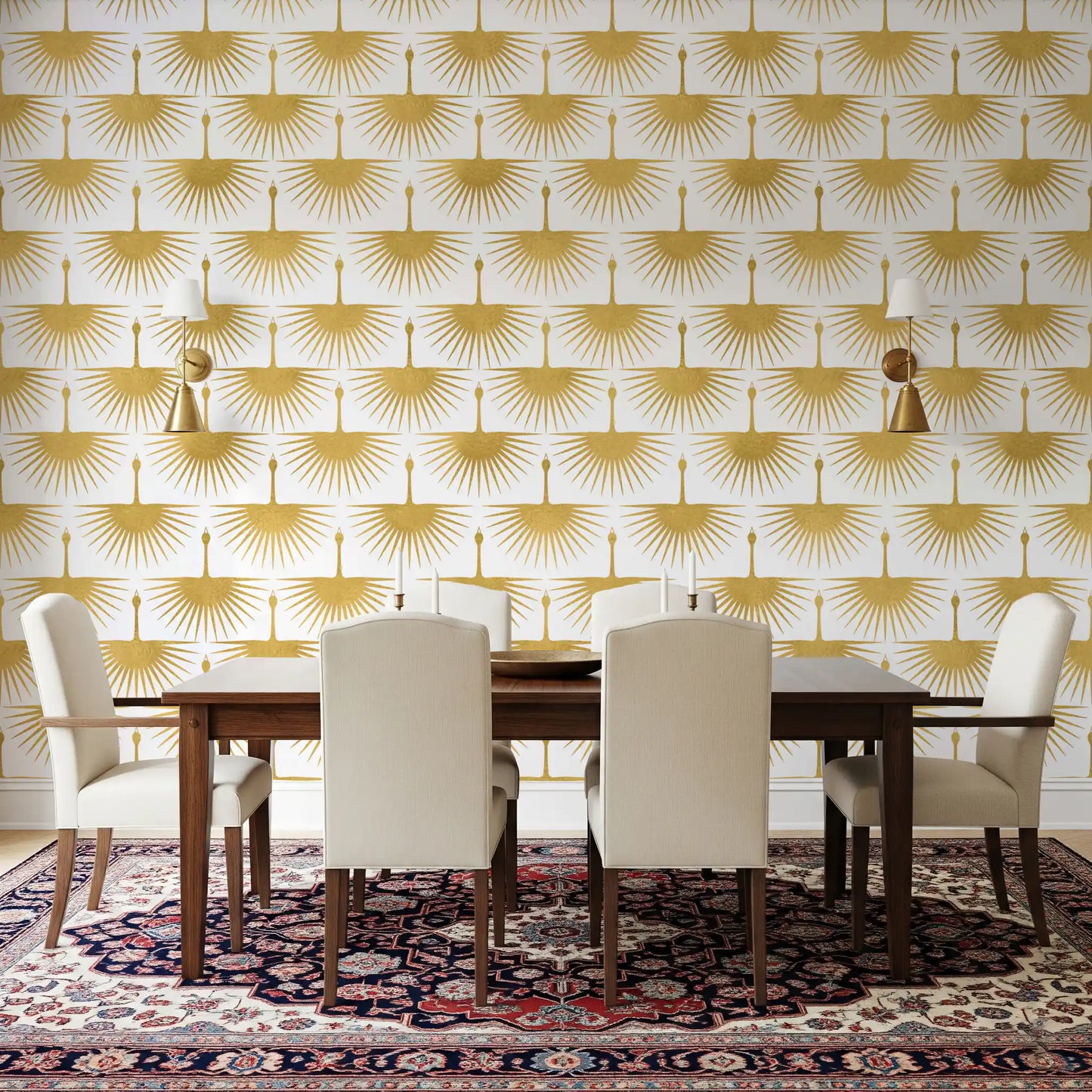 Luxury Crane Sunburst Wallpaper gold crane Art Deco pattern for a dining room.