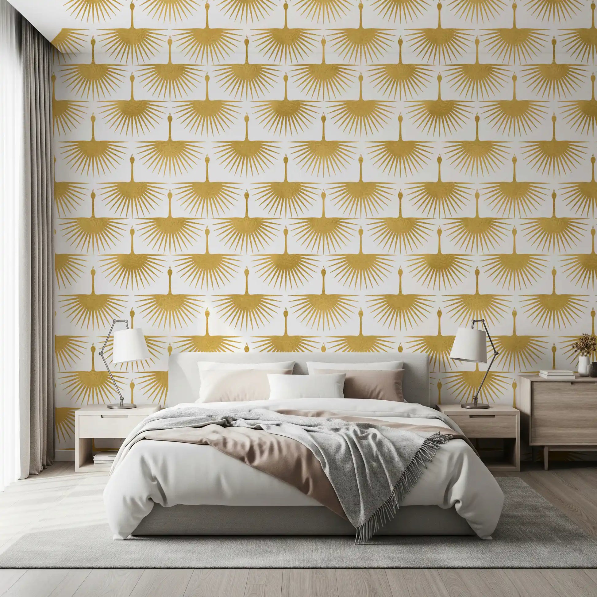 Structured gold pattern Luxury Crane Sunburst Wallpaper wall