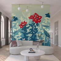 Crimson and Teal Retro Botanical Meadow Wall Mural