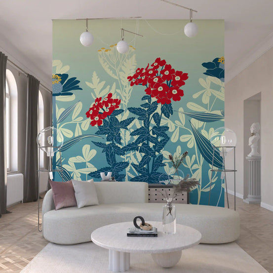 Crimson and Teal Retro Botanical Meadow wall mural a quiet living room