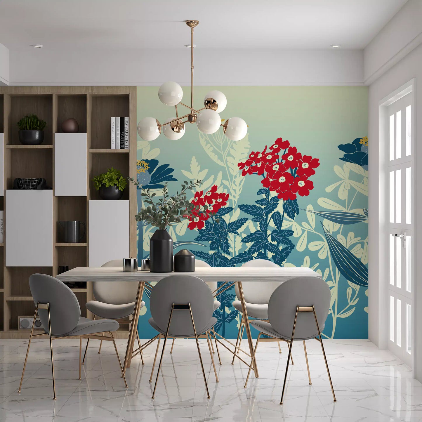 Crimson and Teal Retro Botanical Meadow Wall Mural