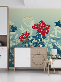 Crimson and Teal Retro Botanical Meadow Wall Mural