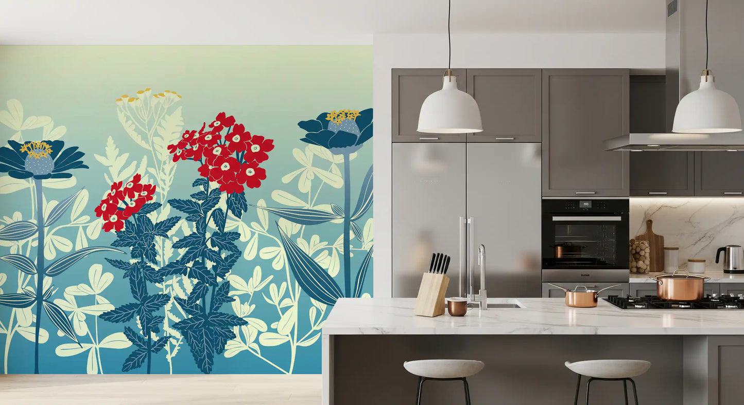 Crimson and Teal Retro Botanical Meadow Wall Mural
