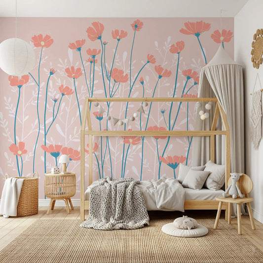 The Whispering wall mural sets a calm tone across a restful Kids bedroom.