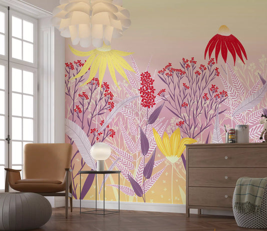 Tapet mural cu pajiște de flori sălbatice în nuanțe pastelate visătoare