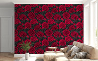 Papel de Parede Floral Escuro Peónia Carmim da Meia-Noite