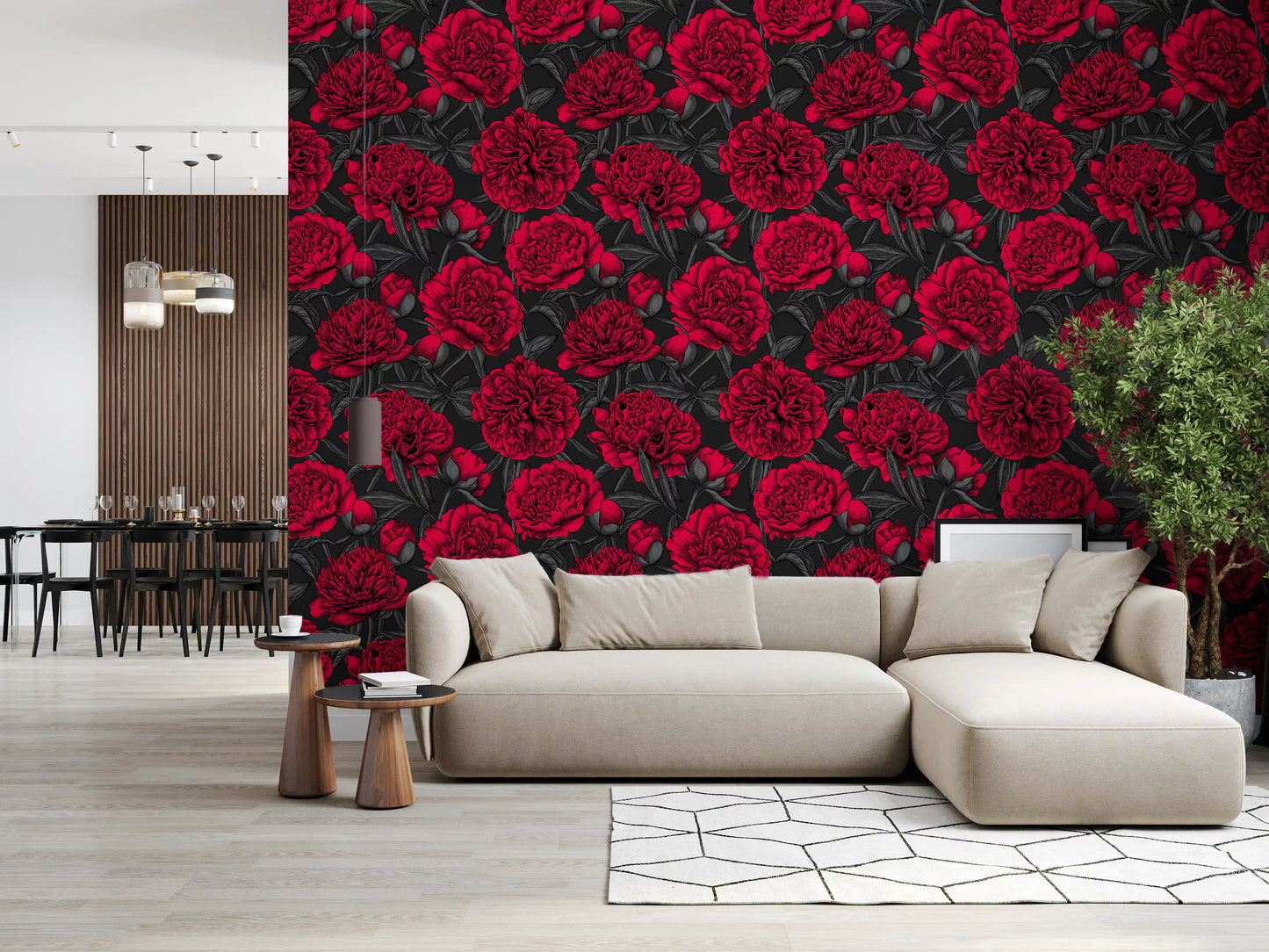 Papel de Parede Floral Escuro Peónia Carmim da Meia-Noite