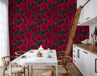 Papel de Parede Floral Escuro Peónia Carmim da Meia-Noite