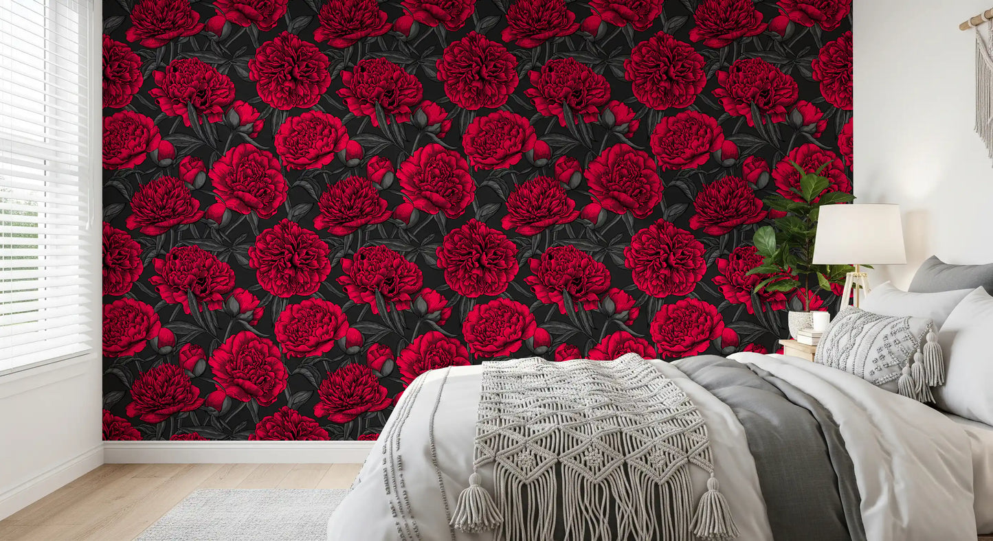 Papel de Parede Floral Escuro Peónia Carmim da Meia-Noite