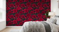 Papel de Parede Floral Escuro Peónia Carmim da Meia-Noite