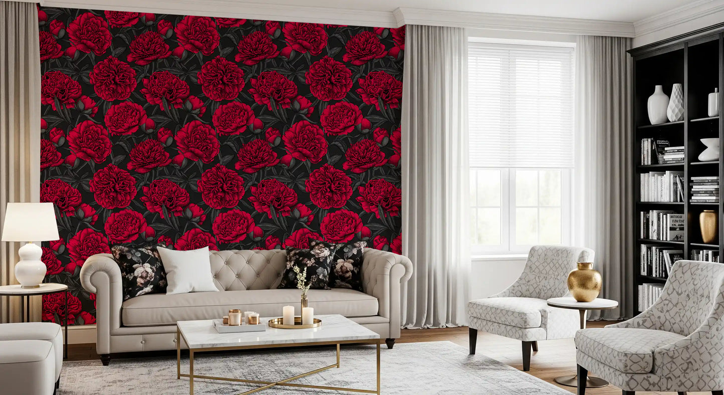 Papel de Parede Floral Escuro Peónia Carmim da Meia-Noite