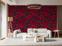 Papel de Parede Floral Escuro Peónia Carmim da Meia-Noite