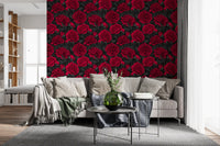 Papel de Parede Floral Escuro Peónia Carmim da Meia-Noite