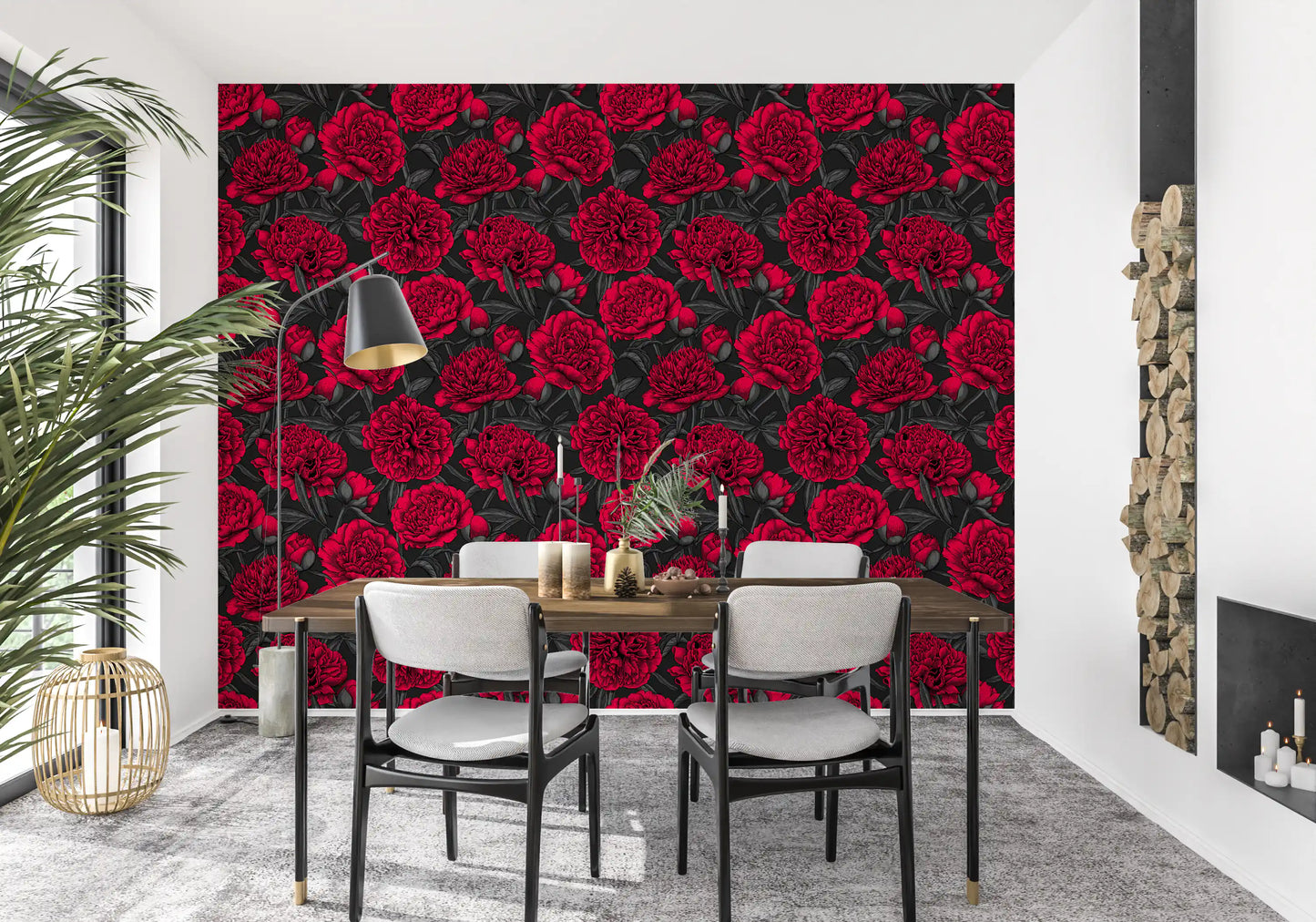 Papel de Parede Floral Escuro Peónia Carmim da Meia-Noite