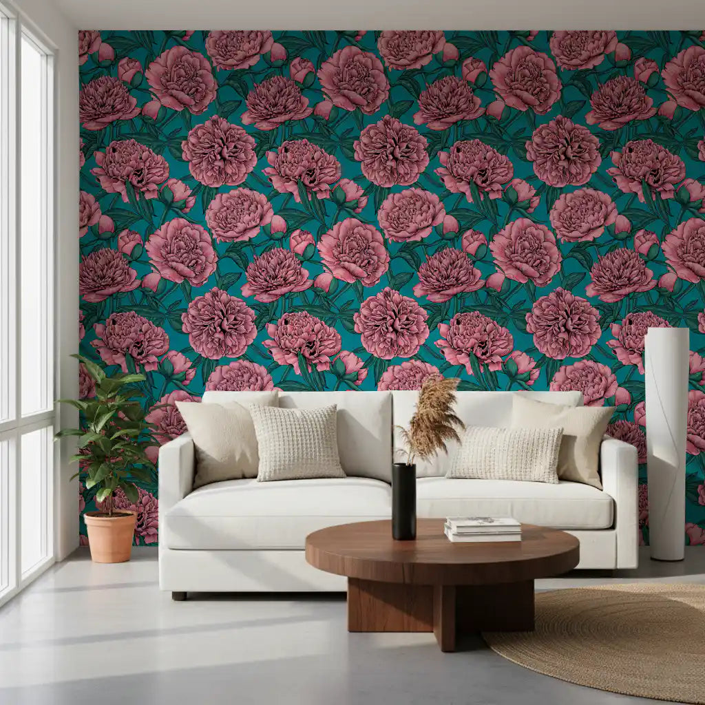 Papier peint botanique romantique pivoine bleu sarcelle