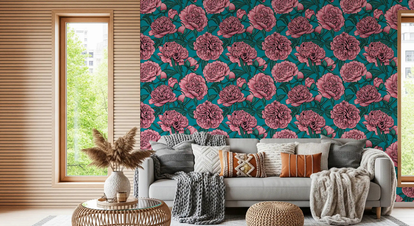 Papier peint botanique romantique pivoine bleu sarcelle