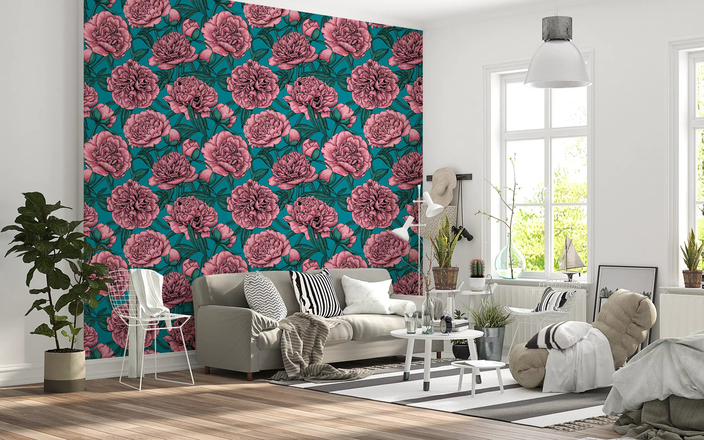 Papier peint botanique romantique pivoine bleu sarcelle