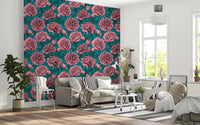 Papier peint botanique romantique pivoine bleu sarcelle