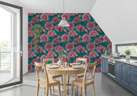 Papier peint botanique romantique pivoine bleu sarcelle
