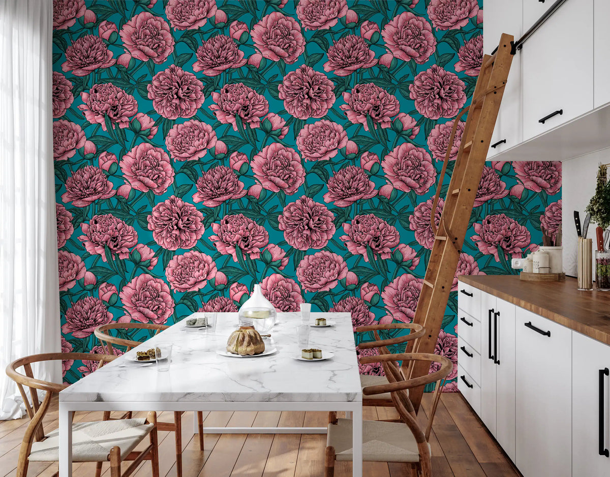 Romantic Teal Peony Botanical Wallpaper