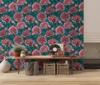 Papier peint botanique romantique pivoine bleu sarcelle