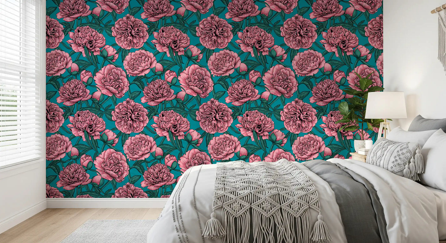 Papier peint botanique romantique pivoine bleu sarcelle