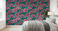 Papier peint botanique romantique pivoine bleu sarcelle