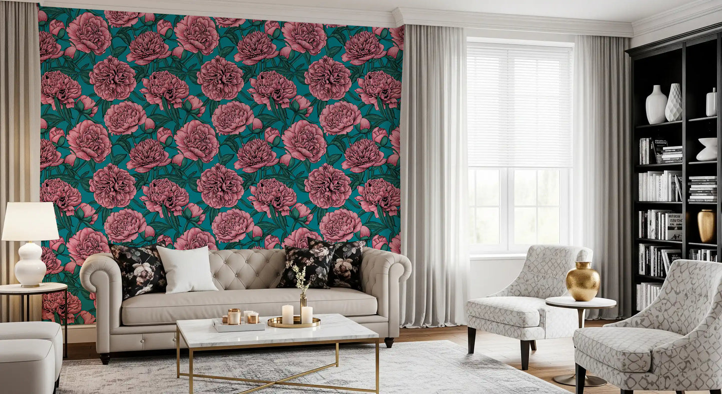 Papier peint botanique romantique pivoine bleu sarcelle