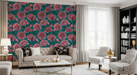 Papier peint botanique romantique pivoine bleu sarcelle
