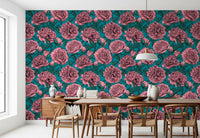 Papier peint botanique romantique pivoine bleu sarcelle
